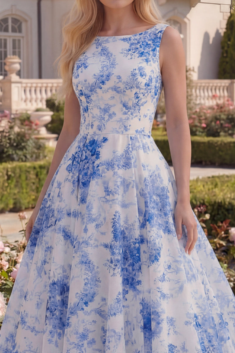 Load image into Gallery viewer, White Blue Flower A Line Boat Neck Long Formal Dress