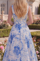 Load image into Gallery viewer, White Blue Flower A Line Boat Neck Long Formal Dress