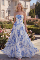 Load image into Gallery viewer, White Blue Flower Strapless A Line Long Formal Dress with Ruffles