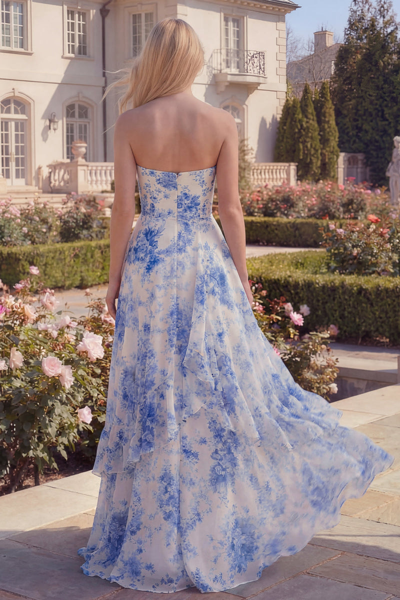 Load image into Gallery viewer, White Blue Flower Strapless A Line Long Formal Dress with Ruffles