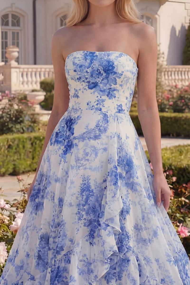 Load image into Gallery viewer, White Blue Flower Strapless A Line Long Formal Dress with Ruffles