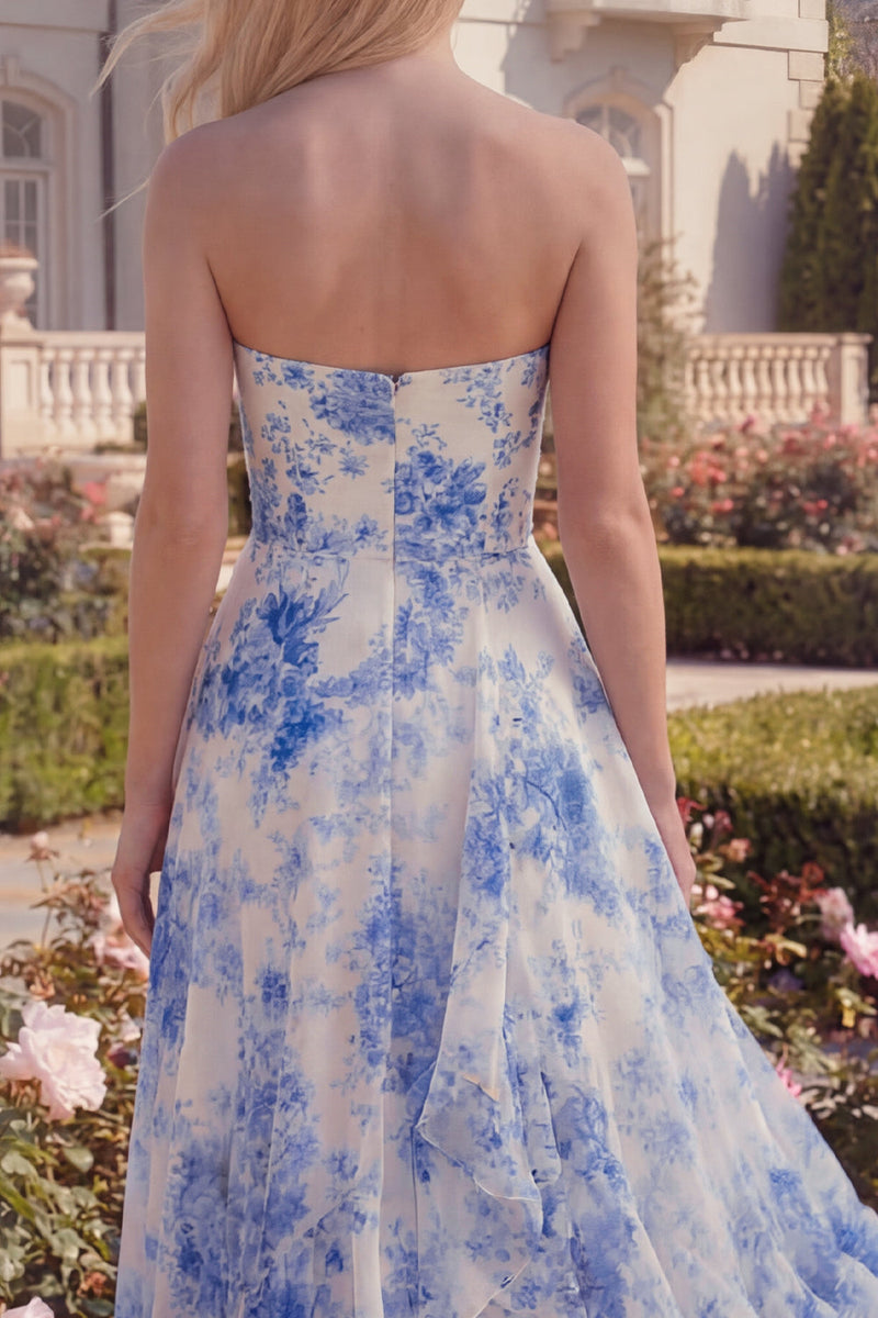 Load image into Gallery viewer, White Blue Flower Strapless A Line Long Formal Dress with Ruffles