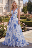 Load image into Gallery viewer, White Blue Flower A Line V-Neck Long Formal Dress