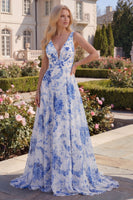 Load image into Gallery viewer, White Blue Flower A Line V-Neck Long Formal Dress