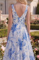 Load image into Gallery viewer, White Blue Flower A Line V-Neck Long Formal Dress