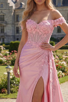 Load image into Gallery viewer, Floral Pink Ruched Mermaid Long Corset Formal Dress with Side Cape