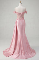 Load image into Gallery viewer, Floral Pink Ruched Mermaid Long Corset Formal Dress with Side Cape