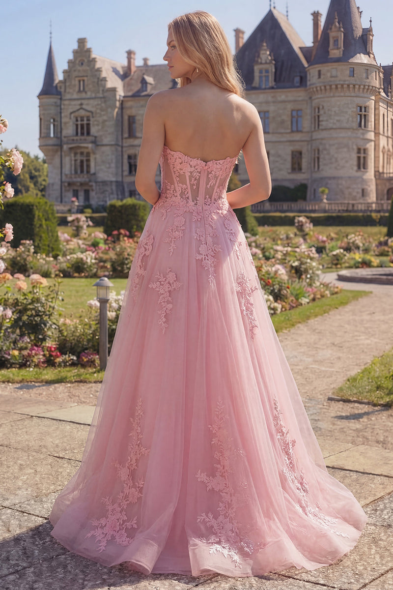 Load image into Gallery viewer, Floral Pink A Line Strapless Corset Long Formal Dress