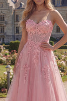 Load image into Gallery viewer, Floral Pink A Line Strapless Corset Long Formal Dress