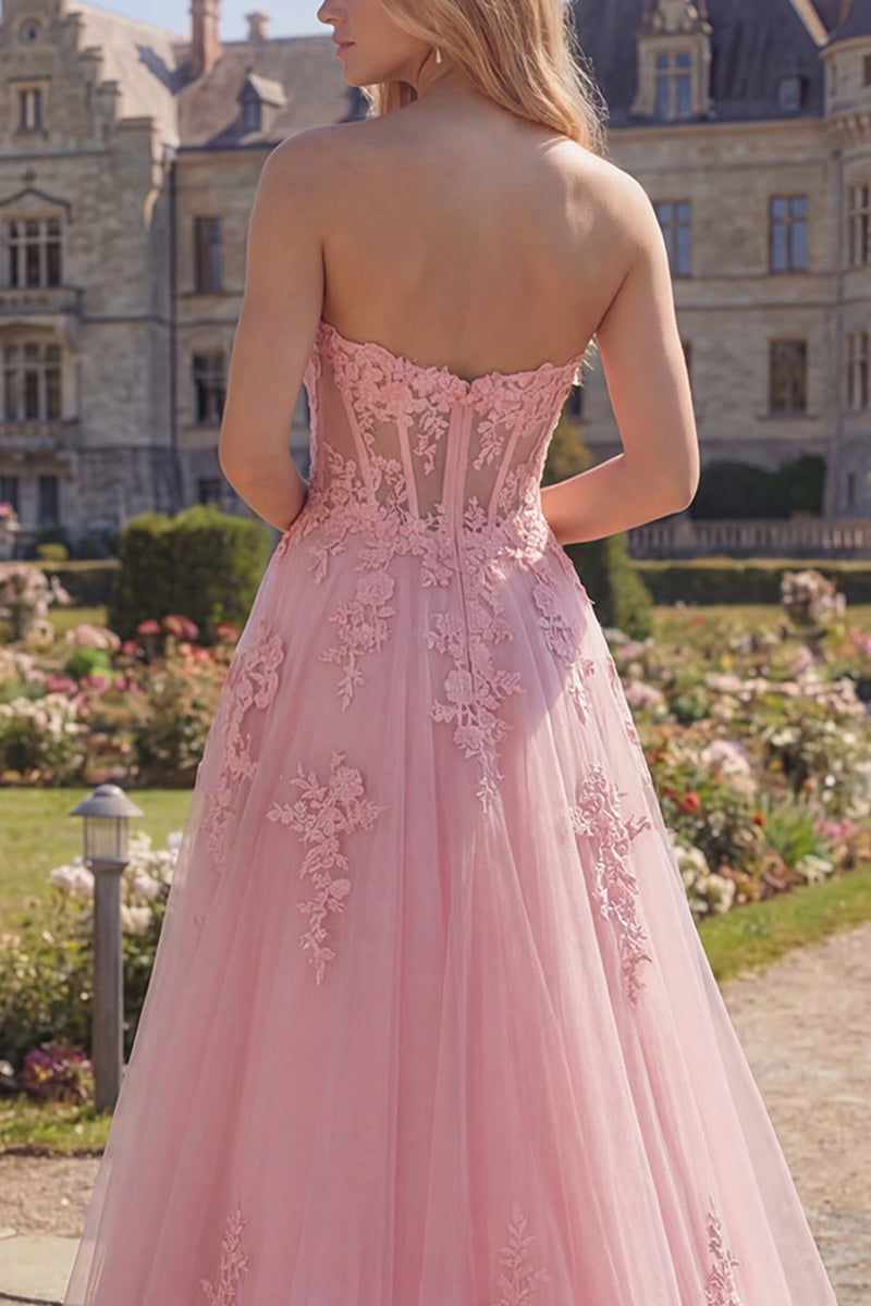 Load image into Gallery viewer, Floral Pink A Line Strapless Corset Long Formal Dress