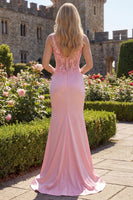Load image into Gallery viewer, Pink Floral V-Neck Corset Mermaid Ruched Long Formal Dress with Slit