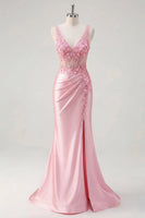 Load image into Gallery viewer, Pink Floral V-Neck Corset Mermaid Ruched Long Formal Dress with Slit