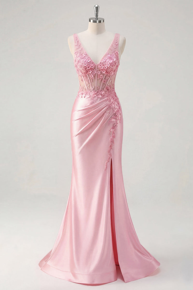 Load image into Gallery viewer, Pink Floral V-Neck Corset Mermaid Ruched Long Formal Dress with Slit