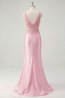 Load image into Gallery viewer, Pink Floral V-Neck Corset Mermaid Ruched Long Formal Dress with Slit