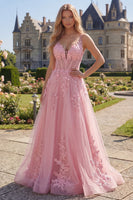 Load image into Gallery viewer, Floral Pink A Line V-Neck Long Corset Formal Dress