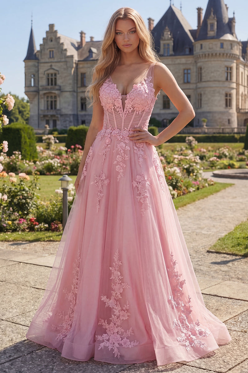 Load image into Gallery viewer, Floral Pink A Line V-Neck Long Corset Formal Dress