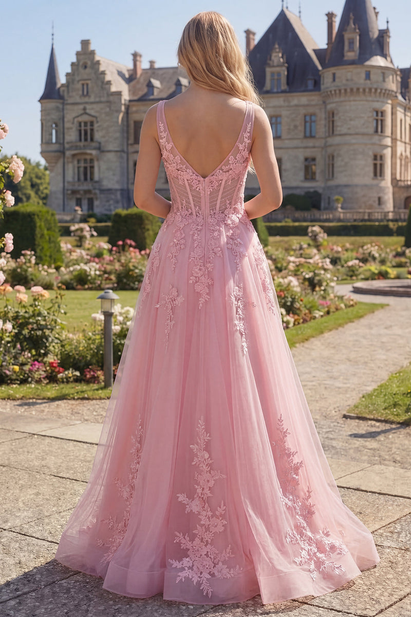 Load image into Gallery viewer, Floral Pink A Line V-Neck Long Corset Formal Dress