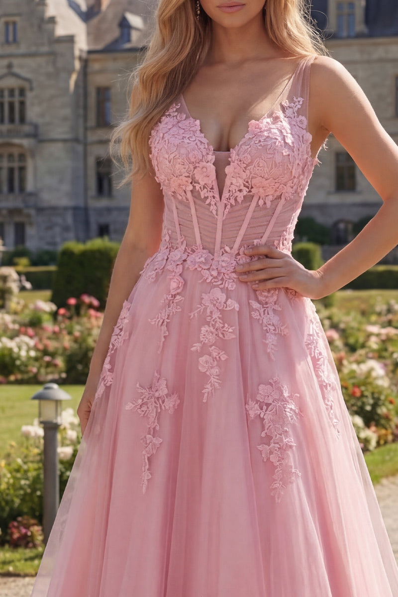 Load image into Gallery viewer, Floral Pink A Line V-Neck Long Corset Formal Dress