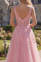 Load image into Gallery viewer, Floral Pink A Line V-Neck Long Corset Formal Dress