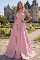 Load image into Gallery viewer, Floral Pink A Line Corset Long High Neck Formal Dress with Bow
