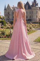 Load image into Gallery viewer, Floral Pink A Line Corset Long High Neck Formal Dress with Bow