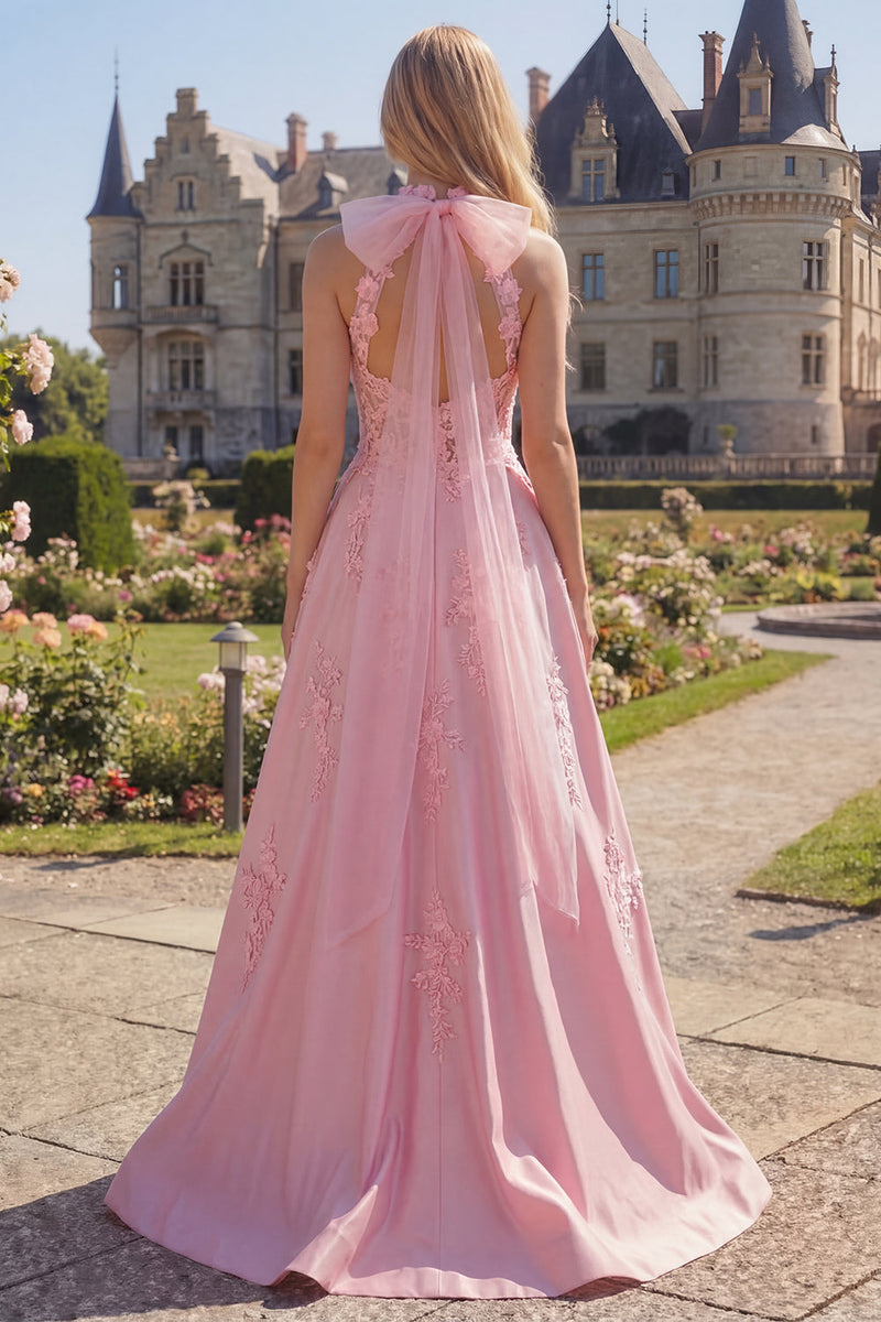 Load image into Gallery viewer, Floral Pink A Line Corset Long High Neck Formal Dress with Bow