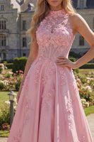 Load image into Gallery viewer, Floral Pink A Line Corset Long High Neck Formal Dress with Bow
