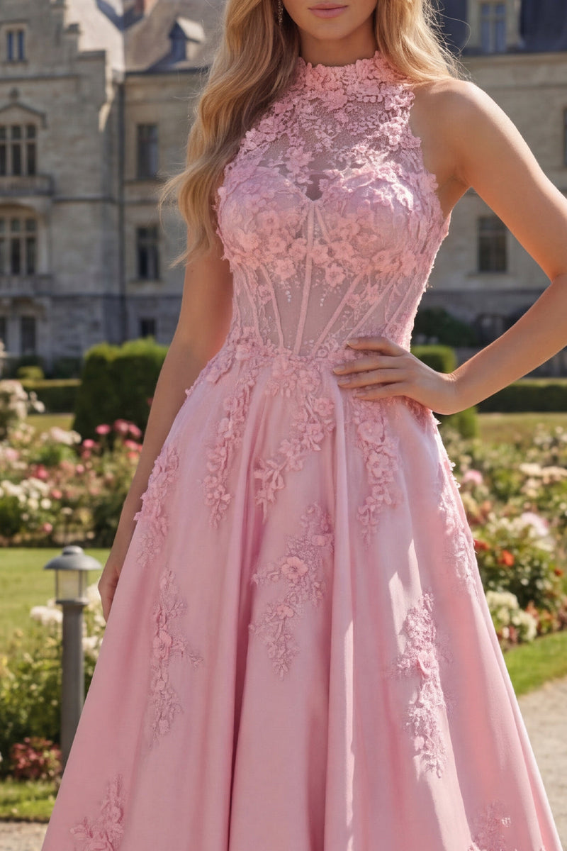 Load image into Gallery viewer, Floral Pink A Line Corset Long High Neck Formal Dress with Bow