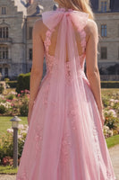 Load image into Gallery viewer, Floral Pink A Line Corset Long High Neck Formal Dress with Bow