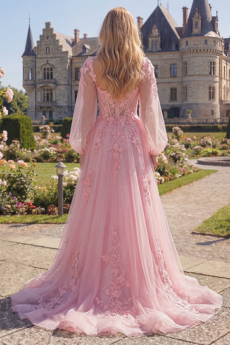 Load image into Gallery viewer, Floral Pink Long A Line Corset Long Sleeves Formal Dress