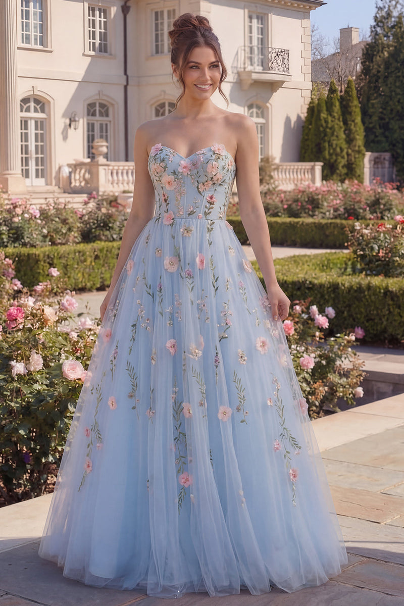 Load image into Gallery viewer, Floral Blue Strapless A Line Long Corset Formal Dress