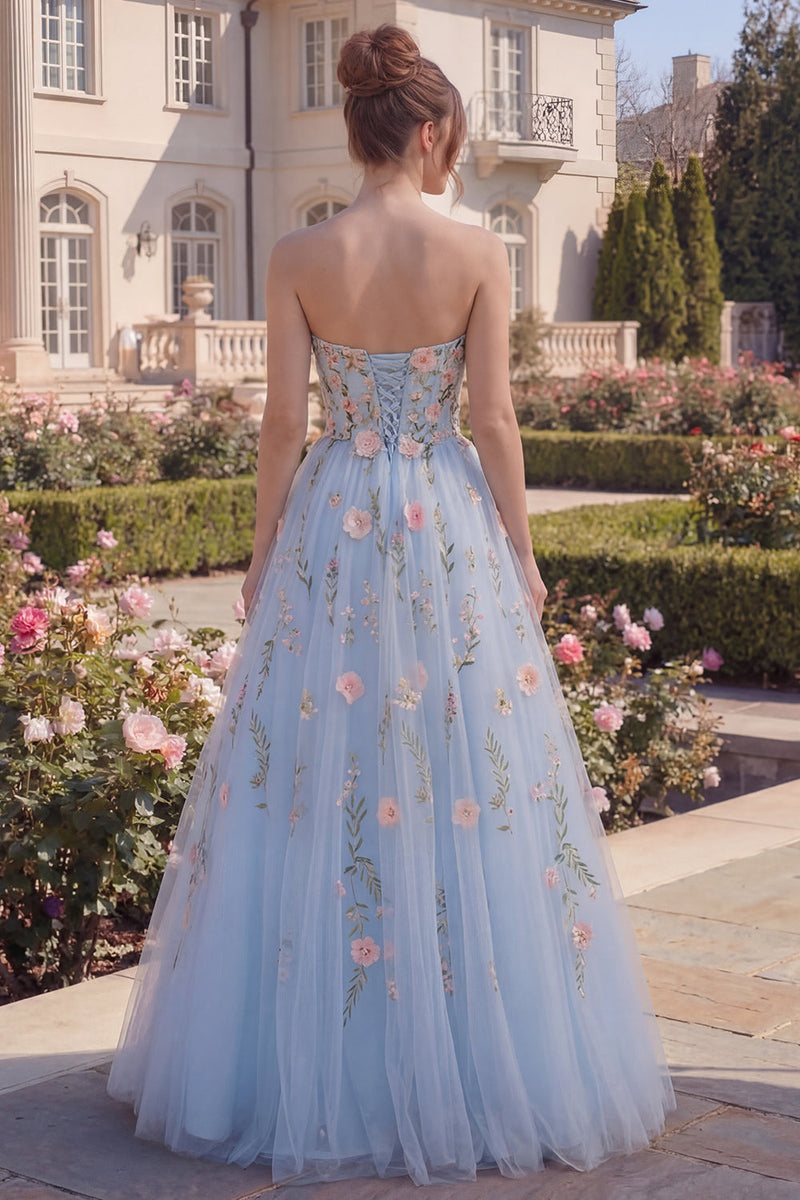 Load image into Gallery viewer, Floral Blue Strapless A Line Long Corset Formal Dress