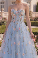 Load image into Gallery viewer, Floral Blue Strapless A Line Long Corset Formal Dress