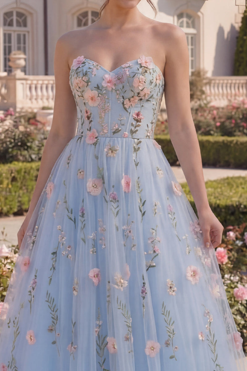 Load image into Gallery viewer, Floral Blue Strapless A Line Long Corset Formal Dress