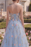 Load image into Gallery viewer, Floral Blue Strapless A Line Long Corset Formal Dress