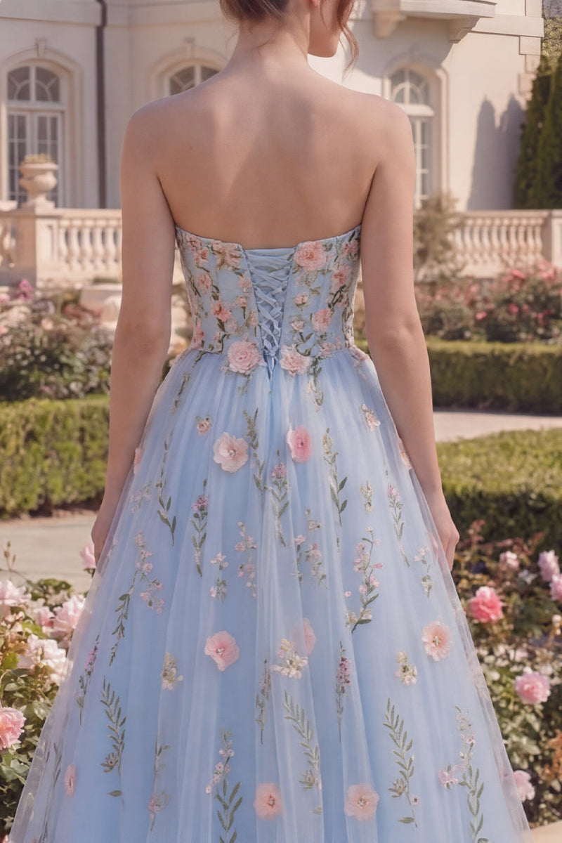 Load image into Gallery viewer, Floral Blue Strapless A Line Long Corset Formal Dress