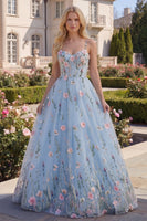 Load image into Gallery viewer, A Line Floral Blue Spaghetti Straps Long Corset Formal Dress
