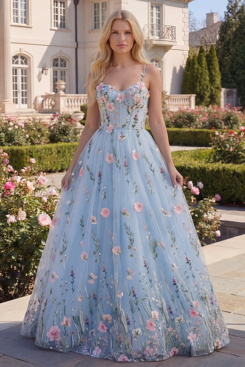 Load image into Gallery viewer, A Line Floral Blue Spaghetti Straps Long Corset Formal Dress