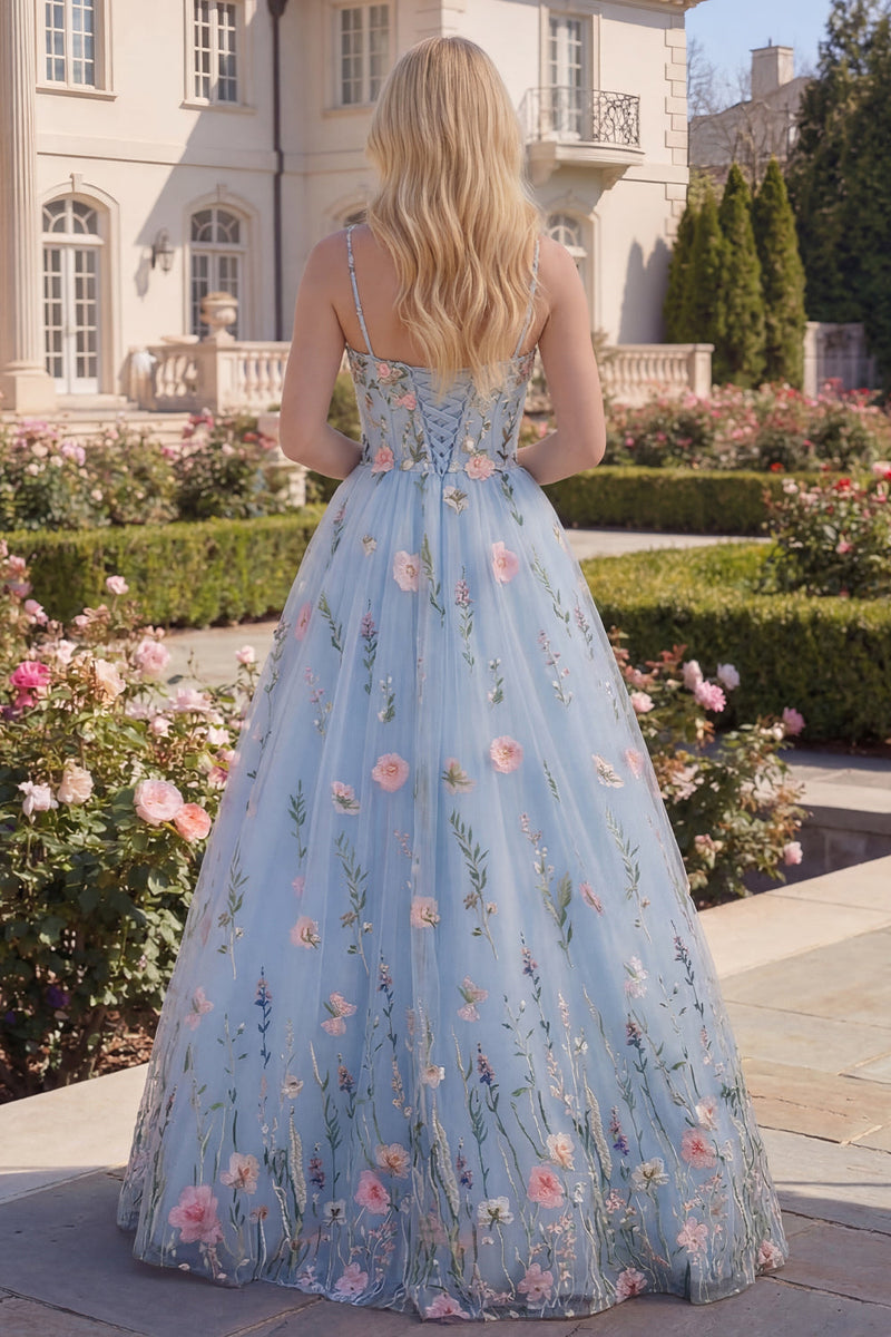 Load image into Gallery viewer, A Line Floral Blue Spaghetti Straps Long Corset Formal Dress