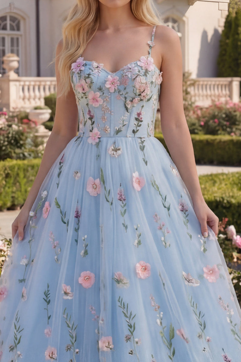 Load image into Gallery viewer, A Line Floral Blue Spaghetti Straps Long Corset Formal Dress