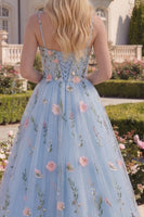 Load image into Gallery viewer, A Line Floral Blue Spaghetti Straps Long Corset Formal Dress