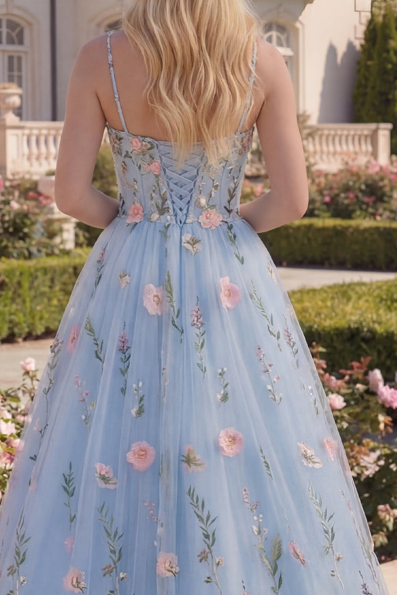 Load image into Gallery viewer, A Line Floral Blue Spaghetti Straps Long Corset Formal Dress