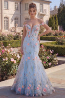 Load image into Gallery viewer, Blue Off the Shoulder Mermaid Floral Long Corset Formal Dress
