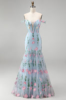 Load image into Gallery viewer, Blue Off the Shoulder Mermaid Floral Long Corset Formal Dress