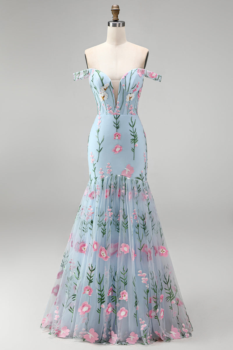 Load image into Gallery viewer, Blue Off the Shoulder Mermaid Floral Long Corset Formal Dress