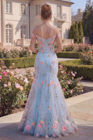 Load image into Gallery viewer, Blue Off the Shoulder Mermaid Floral Long Corset Formal Dress