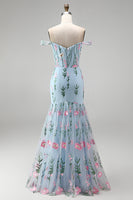Load image into Gallery viewer, Blue Off the Shoulder Mermaid Floral Long Corset Formal Dress