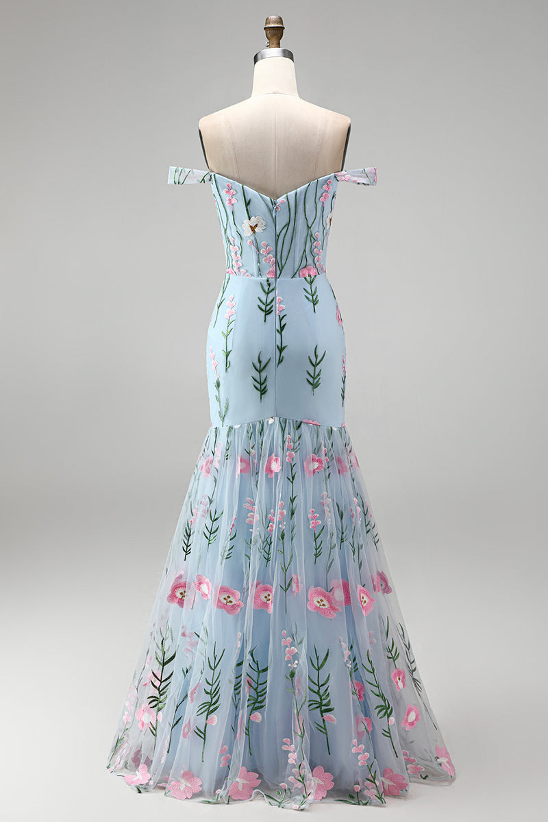 Load image into Gallery viewer, Blue Off the Shoulder Mermaid Floral Long Corset Formal Dress