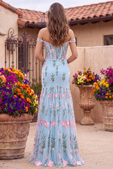 Blue Off the Shoulder Mermaid Floral Long Corset Formal Dress