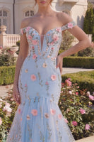 Load image into Gallery viewer, Blue Off the Shoulder Mermaid Floral Long Corset Formal Dress
